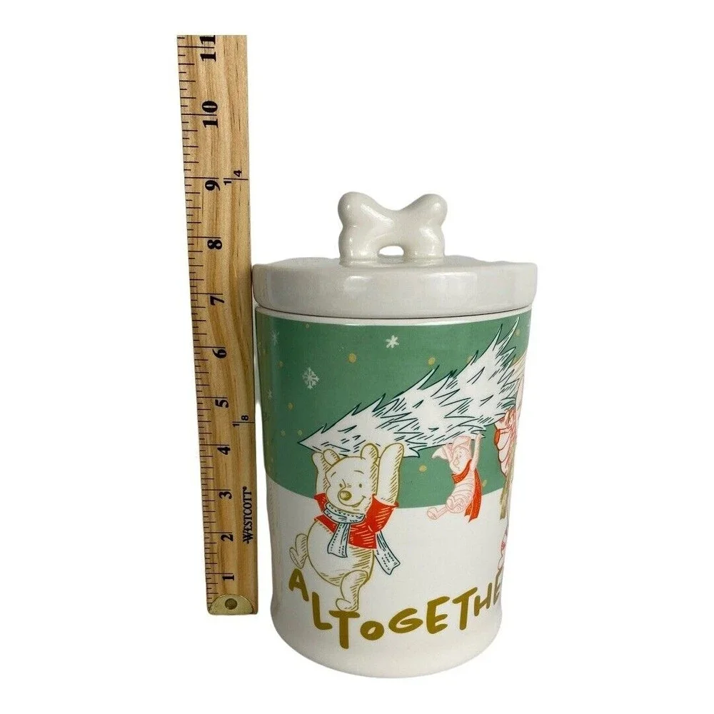 Winnie the Pooh Dog Treat Ceramic Holiday Canister Altogether at Christmas NEW